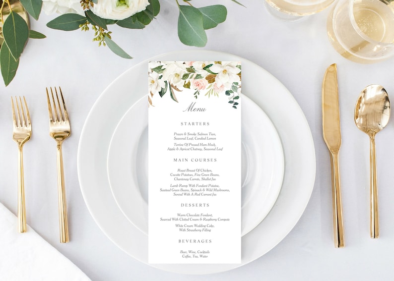 Wedding Menu Card Editable Template INSTANT DOWNLOAD Magnolia Blossom Bridal Shower Rehearsal Engagement Menu Birthday Table D\u00e9cor TEMPLETT