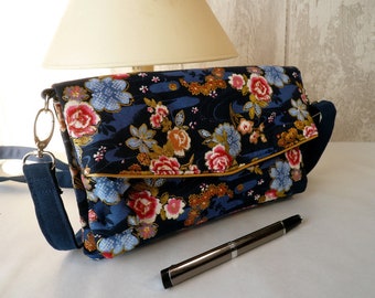 Petit sac bandoulière, sac-pochette plié en coton japonais, avec des poches zippées