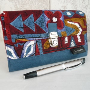 Portefeuille compagnon bleu et rouge, grande porte monnaie en coton et suédine