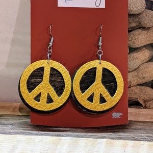 Leather and Wood Peace Sign Earrings