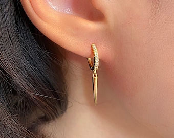 Spike Hoop Huggie Earrings, Dangle Huggie Hoop earrings, Sterling Silver Gold dainty paved earring, Minimalist Earrings, earring set for her