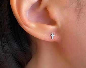 Sterling Silver Cross stud earrings, Dainty Cross earrings, Stud earrings, Gold earrings, Second hole earrings, tiny earrings