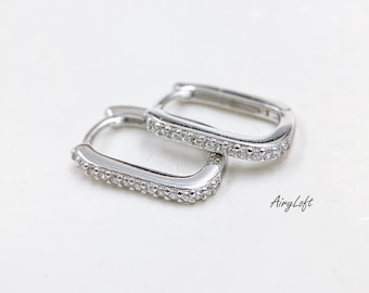 Silver cz Geometric shape Earrings, Sterling Silver 925 Earrings, U shape CZ Huggie Hoop earring, dainty Minimalist jewelry,