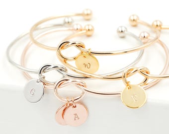 Personalized Knot Bangle Bracelet, Custom Initial Charm, Bridesmaid Gift Valentine’s Day Gift for her
