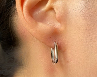 U Form Hoop Ohrringe, U-Link Ohrring, Gold Rechteck Creolen, Silber 925 Ohrringe, U Form CZ Huggie Hoop Ohrring, zierlicher Minimalistischer Schmuck,