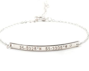 Custom Skinny Long Bar Bracelet, Latitude Longitude, Custom Coordinates, Roman Numeral, Monogram, Personalized Initials, Morse Cord