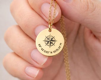 Personalized Compass Necklace, Custom Coordinates, Stainless Steel Pendant