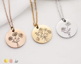 Personalized Birth Month Flower Bouquet Necklace, Family Keepsake, Valentines Day Gift For Her, Mom, Friends