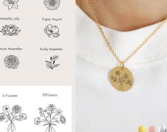 Personalized Birth Flower Bouquet Necklace, Personalized Flower bouquet necklace, Family flower Birth Flower Necklace, Kids gift for Mom