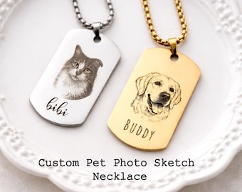 Custom Pet Photo Necklace – Engraved Dog Tag Necklace with Pet Portrait Sketch, Personalized Dog or Cat Memorial Jewelry, Your own pet photo