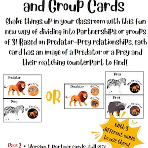 Cartões de emparelhamento Predator & Prey Partner ou Small Group