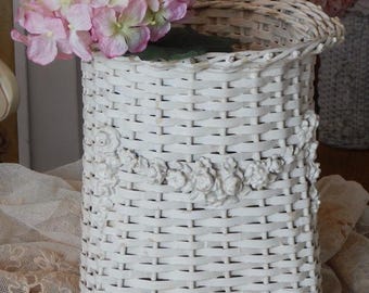 Antique~1900's Victorian Wicker Basket~Barbola Roses Swags~Chippy White Paint~Decorative Flower Basket~JDL~French Farmhouse