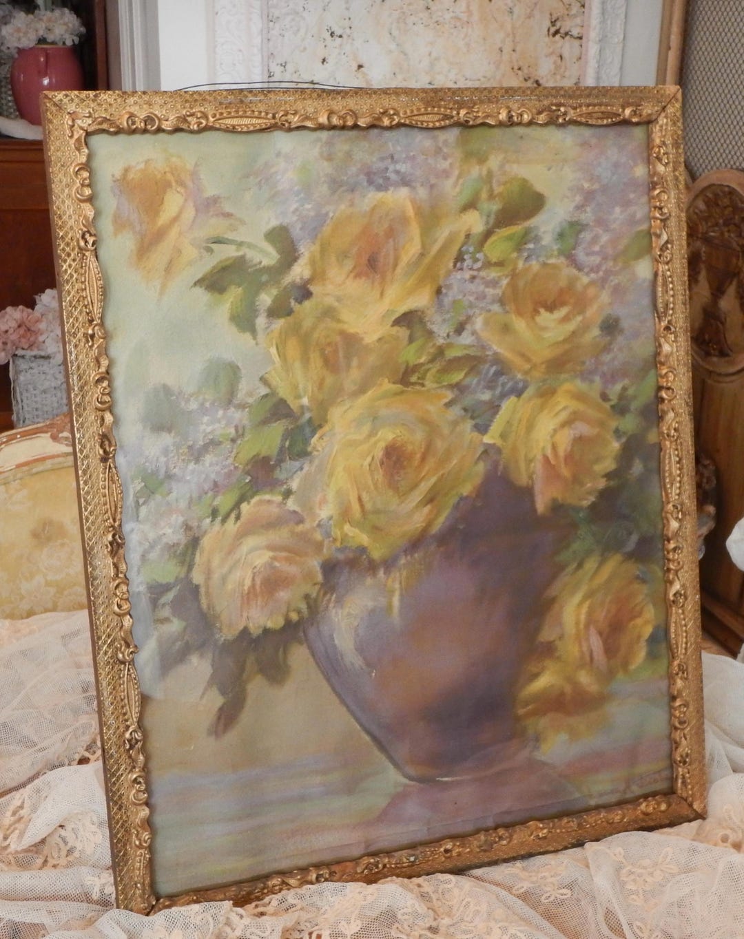 Antique1930's Yellow Roseslilacsgesso Framed Printwavy Glassartist