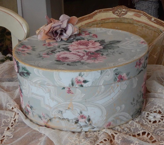 Antique~Shabby~Vintage Original 1940's Roses~Florals and French Scrolls Wallpaper~Hat Box~Hatbox~JDL~French Farmhouse