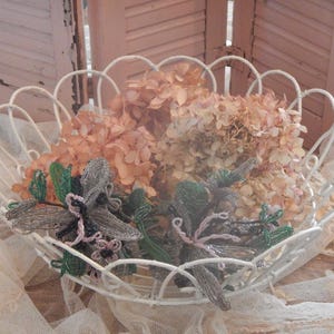 Antique~1900&#39;s Victorian French Beaded Flower Bouquets~Old Silver and Pink Wild Roses~Florals~Green Beaded Leaves~JDL~French Farmhouse