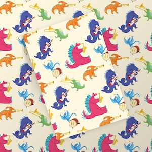 Cute Dinosaur Musicians Wrapping Paper | Musical Instruments | Brass band | Guitar | Fun Dino | Christmas Gift Wrap | Kids | Uncoated Sheets