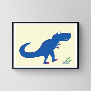 Cool T-Rex Art Print | Blue Dinosaur | Jurassic Park | Tyrannosaurus | Dino Illustration | Children&#39;s Wall Decor | For Boys | Nursery | Cute