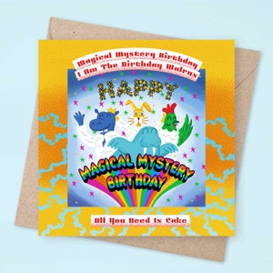 The Beatles Magic Mystery Tour verjaardagsparodie vierkante band verjaardagskaart | Albumomslag | Cartoonkaarten | Illustratie dieren