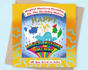 Carte d'anniversaire parodie d'anniversaire du groupe Magic Mystery Tour des Beatles | Couverture de l'album | Cartes de dessin animé | Illustration animale