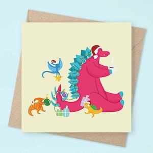 Słodka kartka świąteczna z dinozaurem | Stegozaur | Pterodaktyl | Dino X-Mas | Zabawa świąteczna | Święta | Dzieci | Urocza rodzina | Miejsce pracy