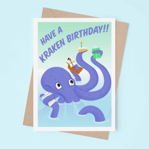 Passez un anniversaire Kraken | Carte de voeux mythologie | Poulpe | Jeux de mots | Cartes de vœux parodie drôle de jeu de mots | Oeuvre d'art de dessin animé | blagues papa