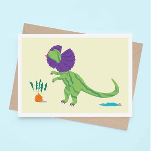 Lindo dinosaurio de dibujos animados ilustrado tarjeta infantil A6 / 7x5 / Dino / Dilophosaurus jurassic park / Frilly / Jurassic Park / lengua afuera