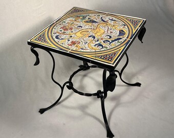 Vintage Addison Mizner Wrought Iron Side Table, Hand-Painted Tile Top, circa 1920s