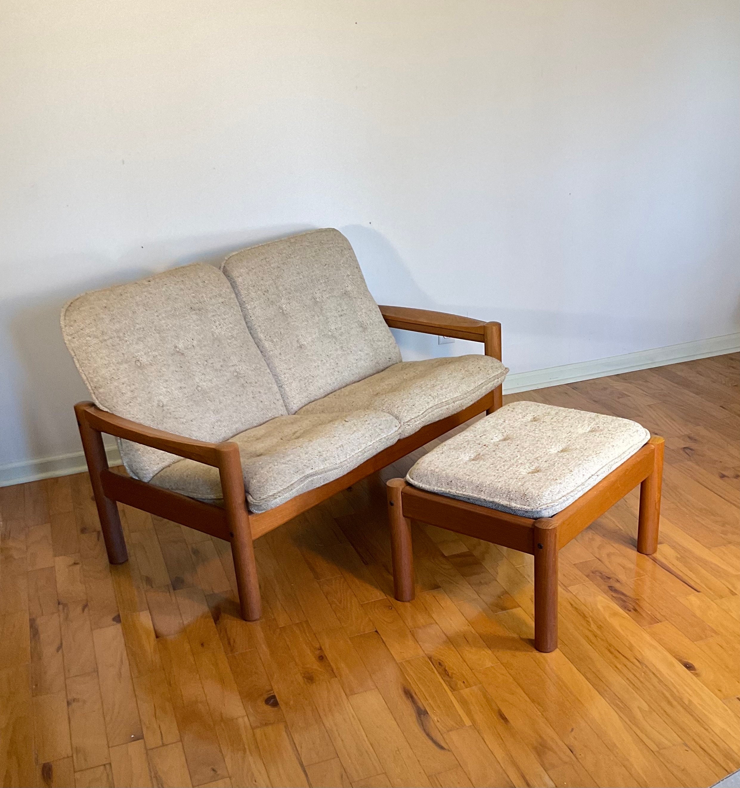 Solid Teak Wood Loveseat Ottoman Vintage Danish Modern by Domino