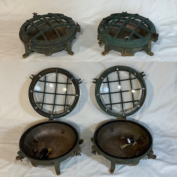 HOLD HOLD Brian - Antique Bronze “Pauluhn Pearland Texas” Explosion Proof Bulkhead Ship 14" Lights - a Pair