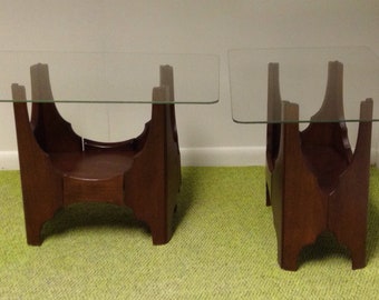 Harvey Probber Mid Century Modern Walnut Glass Top Side Table - A Pair