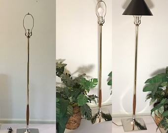 Mid Century Modern Walnut and Chrome Torchiere Floor Lamp Attributed to Gerald Thurston