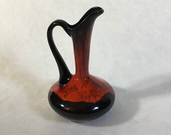 Vintage Modern Orange and Black Evangeline Pottery Flame Pitcher 10" Tall Montreal Souvenir Made in Labelle Quebec Canada
