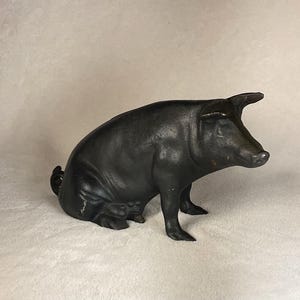 May include: A black cast iron piggy bank in the shape of a pig sitting on its haunches. The pig has a detailed snout and ears.