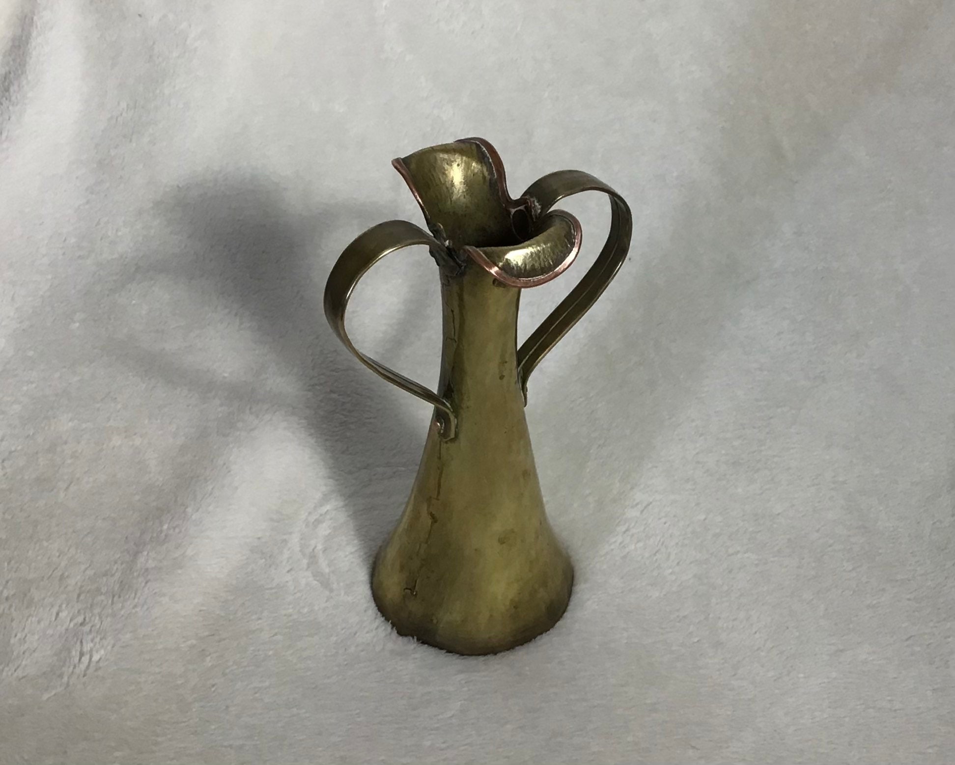 Antique Hand Hammered Brass Cooper Russian 2 Handle Vase 7" Marked Stamped Art Nouveau Style - Late 1800S