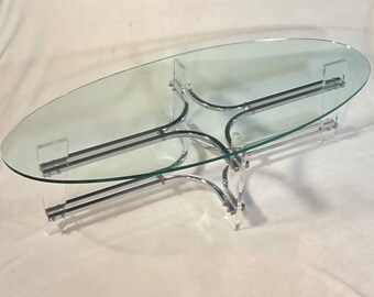 Charles Hollis Jones Style Vintage MCM Chrome Lucite Glass Surfboard Coffee Table, circa 70’s