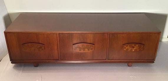 Mid Century Walnut Low Console Table Cabinet With Inlay Etsy
