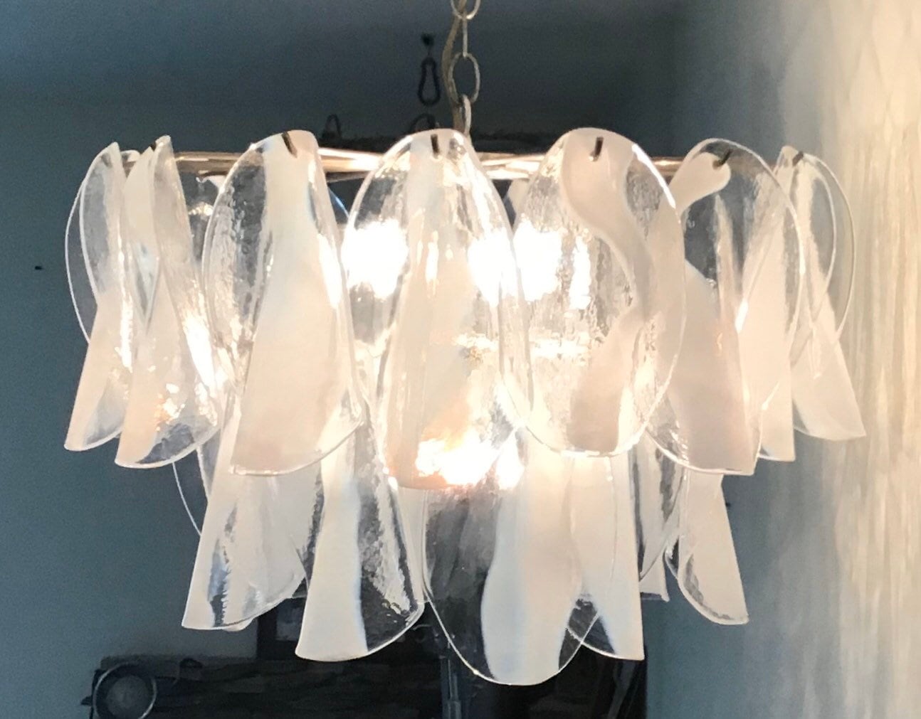Italian Vintage Murano Chandelier, Mazzega, 25 White Stripe