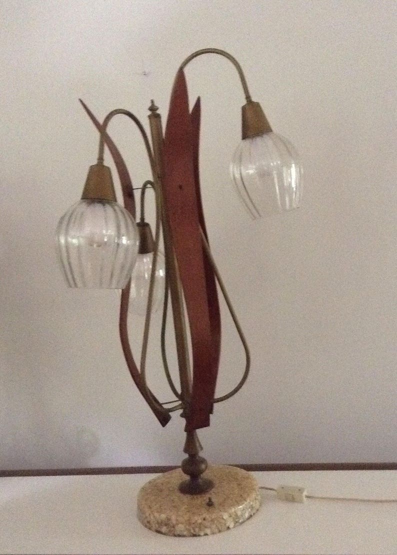 Vintage Mid Century Modern Sculpture Wood Table Lamp 3-Branch Abalone Shell Cast Resin Base 60/'s