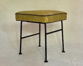 Vintage Paul McCobb Design Small Footstool Mid-Century Modern Yellow Vinyl, Circa 1950s