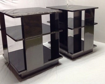 Pair Milo Baughman Style 3 Tier Chrome & Black Glass End Tables