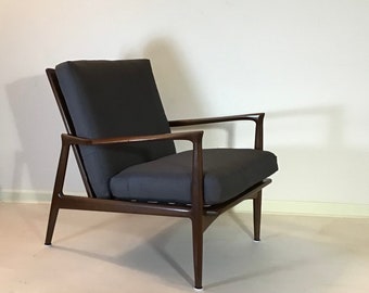 Ib Kofod-Larsen Danish Modern Sculpted Solid Walnut Lounge Arm Chair for Selig