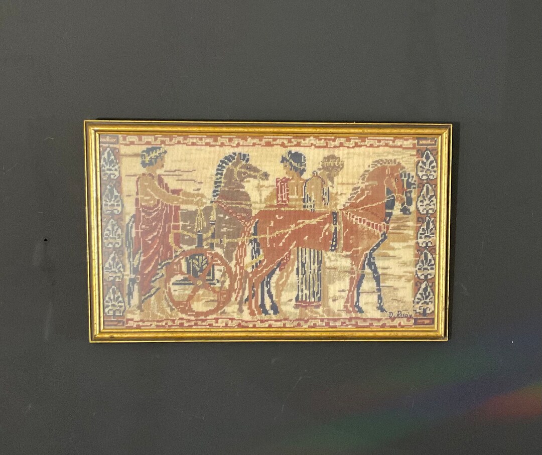 Vintage TRI03 the Charioteers Carriage Horses Chariot Wool Needlepoint