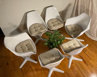 Vintage Six 1960s White Burke Swivel Fiberglass Tulip Dining Chairs, Restored