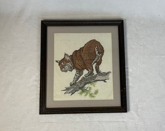 Vintage Needlepoint Bob Cat Hand Made Black Wood Frame 14 3/4” x 16 1/2”