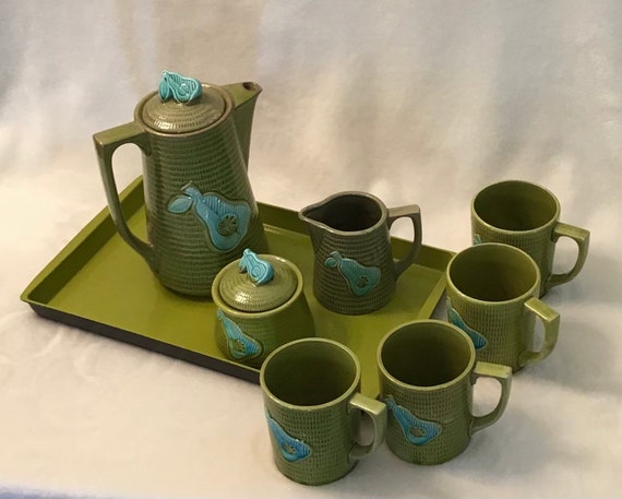 Vintage Ceramic 70's Tea Serving Set With Pear Fruit Design Green