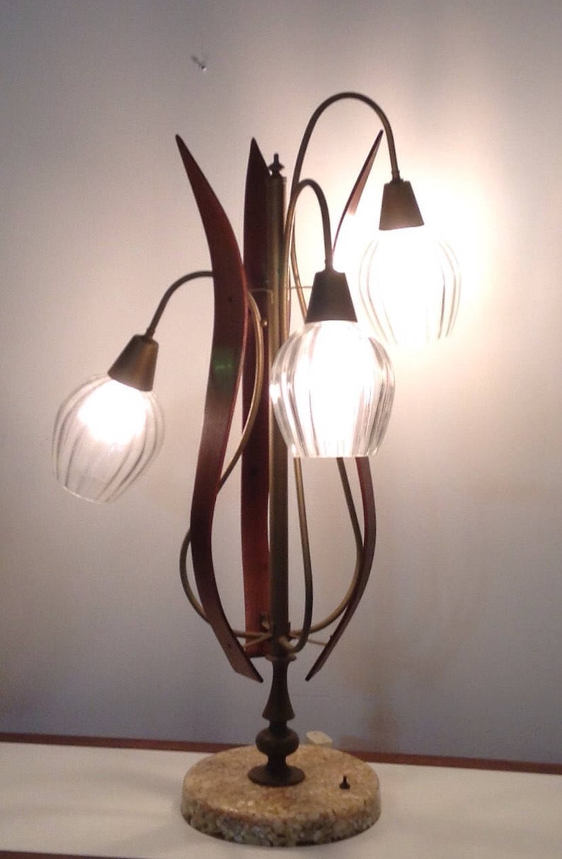 Vintage Mid Century Modern Sculpture Wood Table Lamp 3-Branch Abalone Shell Cast Resin Base 60/'s