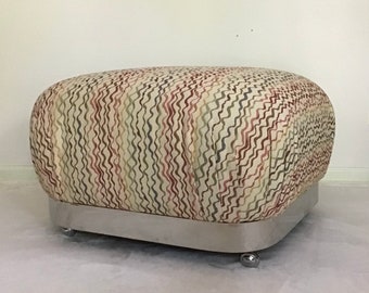 Karl Springer Style Oversized Souffle Pouf Ottoman with Mirrored Stainless Base on Rolling Castors, 1970’s