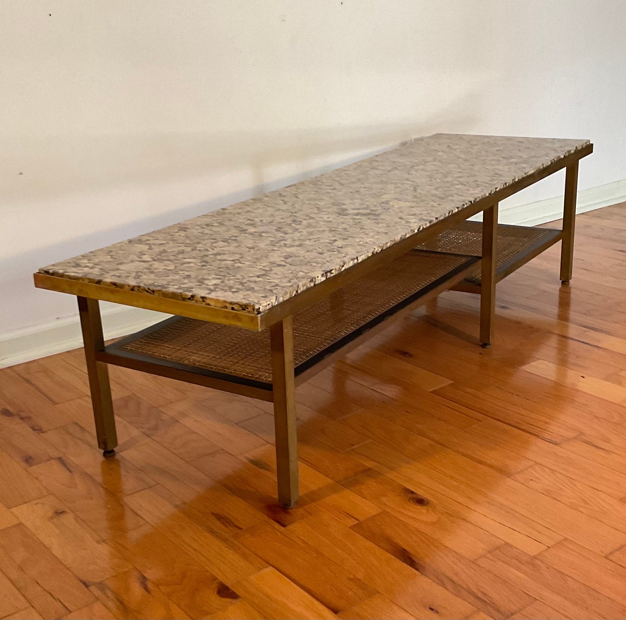 Vintage Solid Brass and Marble Cane Shelves 60” Retangular Coffee Table Edward Wormley for Dunbar, circa 40’s 50’s