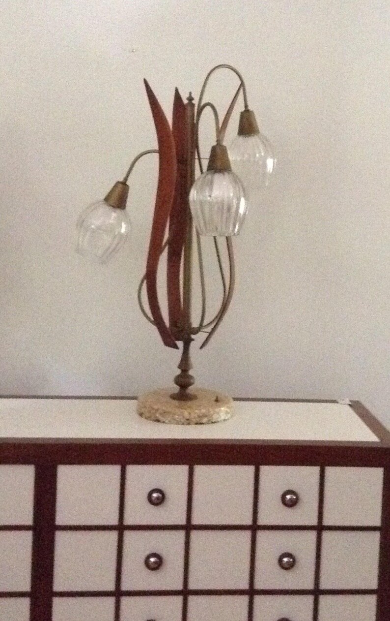Vintage Mid Century Modern Sculpture Wood Table Lamp 3-Branch Abalone Shell Cast Resin Base 60/'s