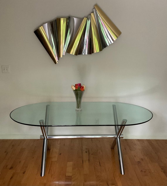 Chrome trestle dining table discount